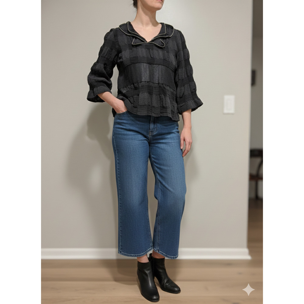 ANAC Black Tunic top Artsy Statement zipper 3D Collar neck balloon sleeve Sz-XL